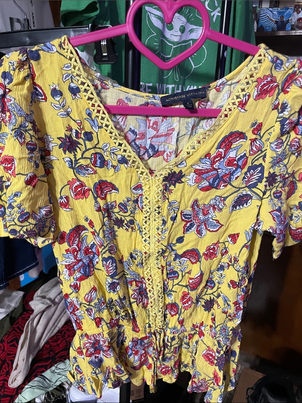 Adrienne Vittadini Yellow Floral V-Neck Peasant Blouse